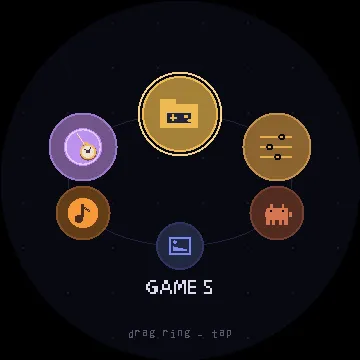 ESP32 圆屏主页：六个应用图标围成一圈，GAMES 文件夹处于选中状态