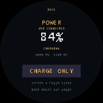 POWER 页面:USB CONNECTED、84%、CHARGING、4040mV +180mA